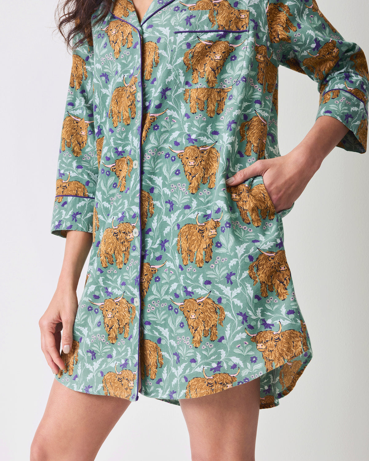 Highland Cows - Lightweight Flannel Sleep Shirt - Soft Thistle