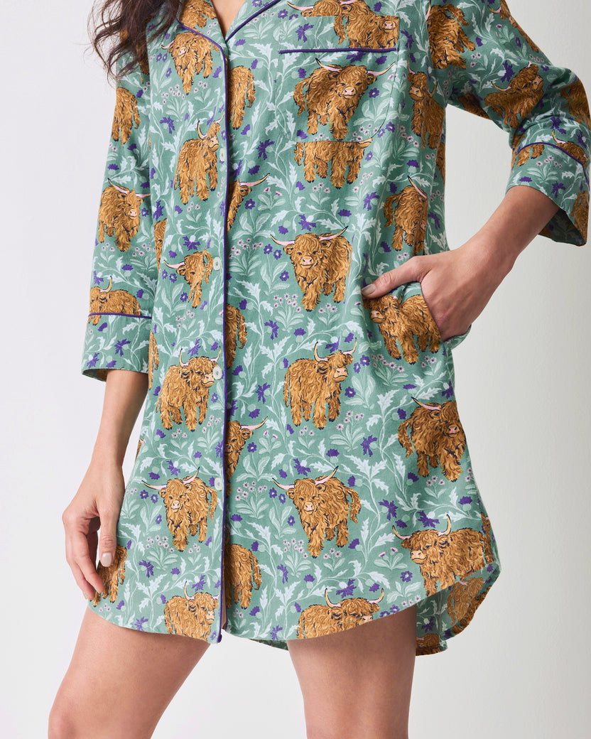 Highland Cows - Lightweight Flannel Sleep Shirt - Soft Thistle
