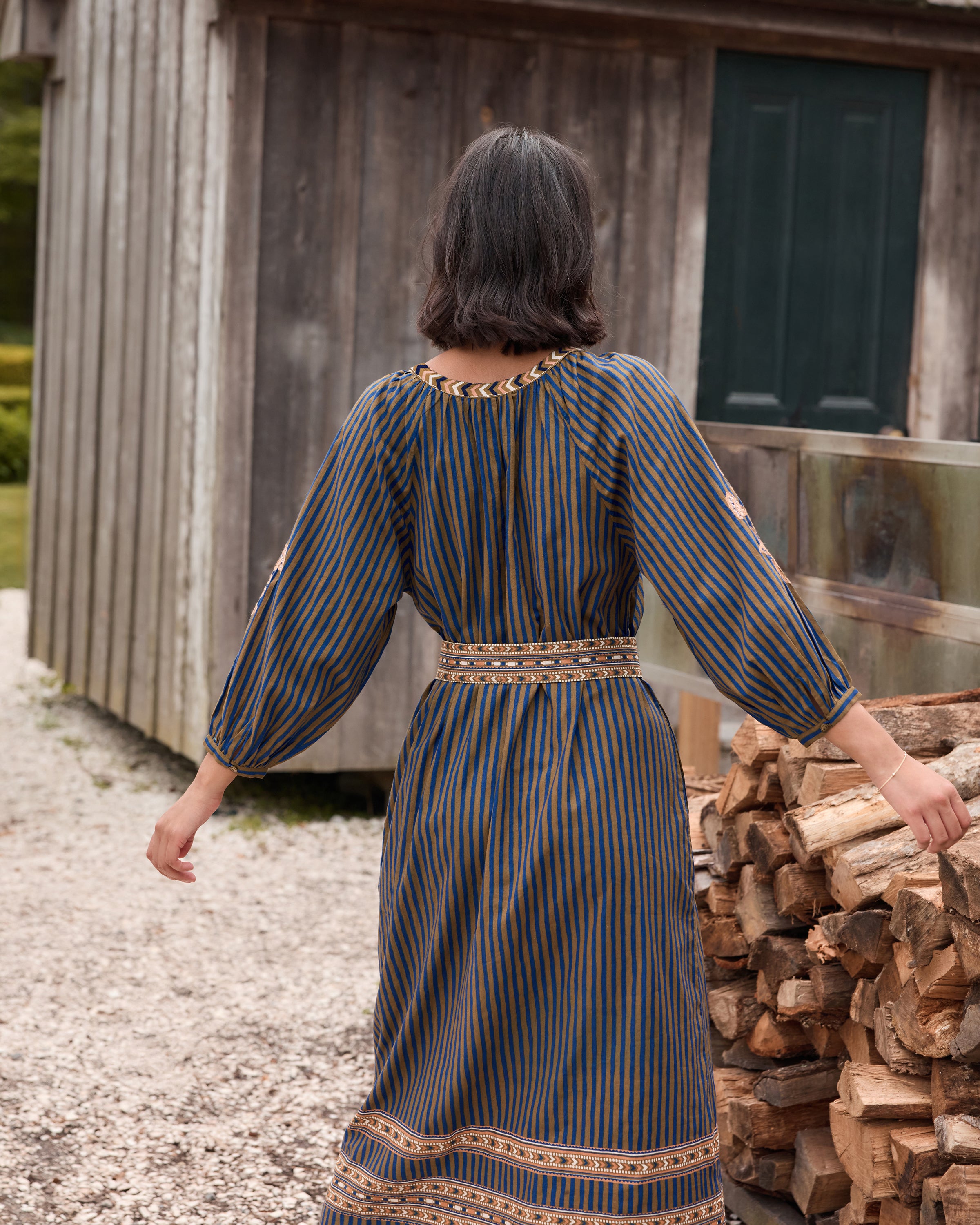 Homestead Stripes - Hunter Dress - Olive and Indigo – Printfresh