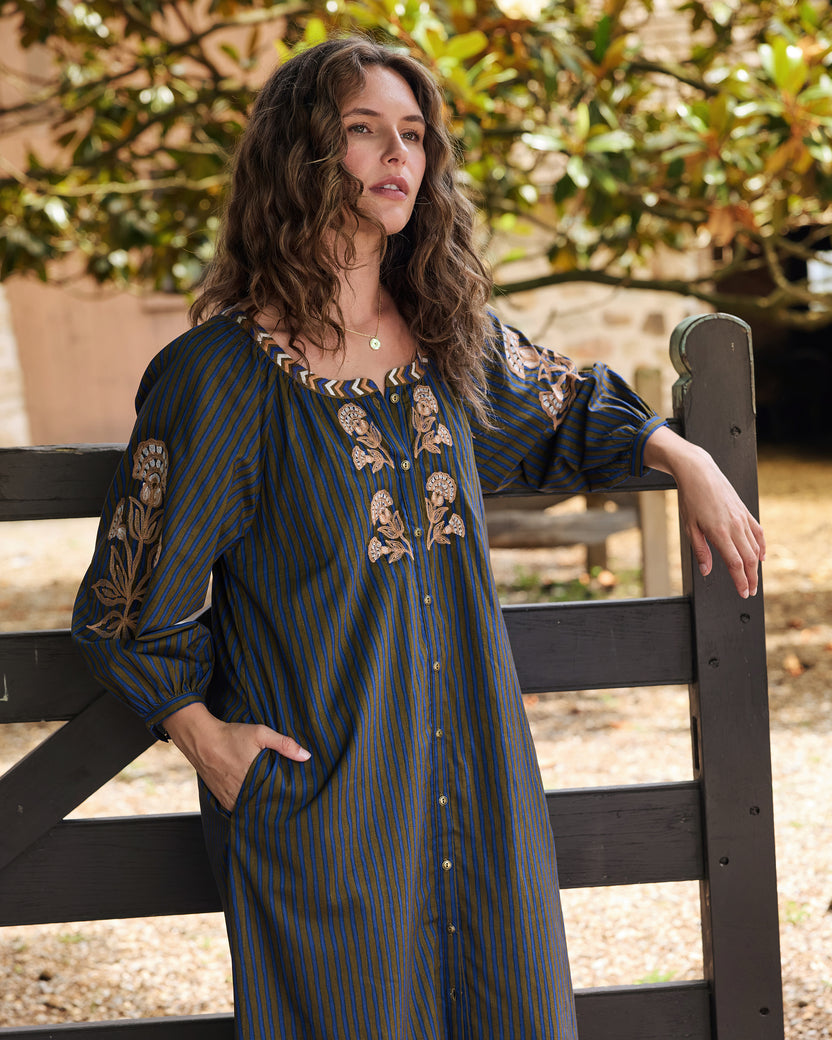 Homestead Stripes - Hunter Dress - Olive and Indigo