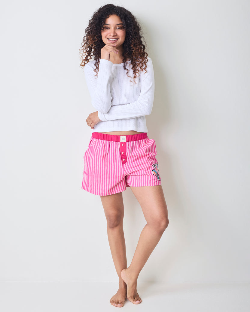 Lucky Tile Embroidery - Eloise Boxers - Hot Pink