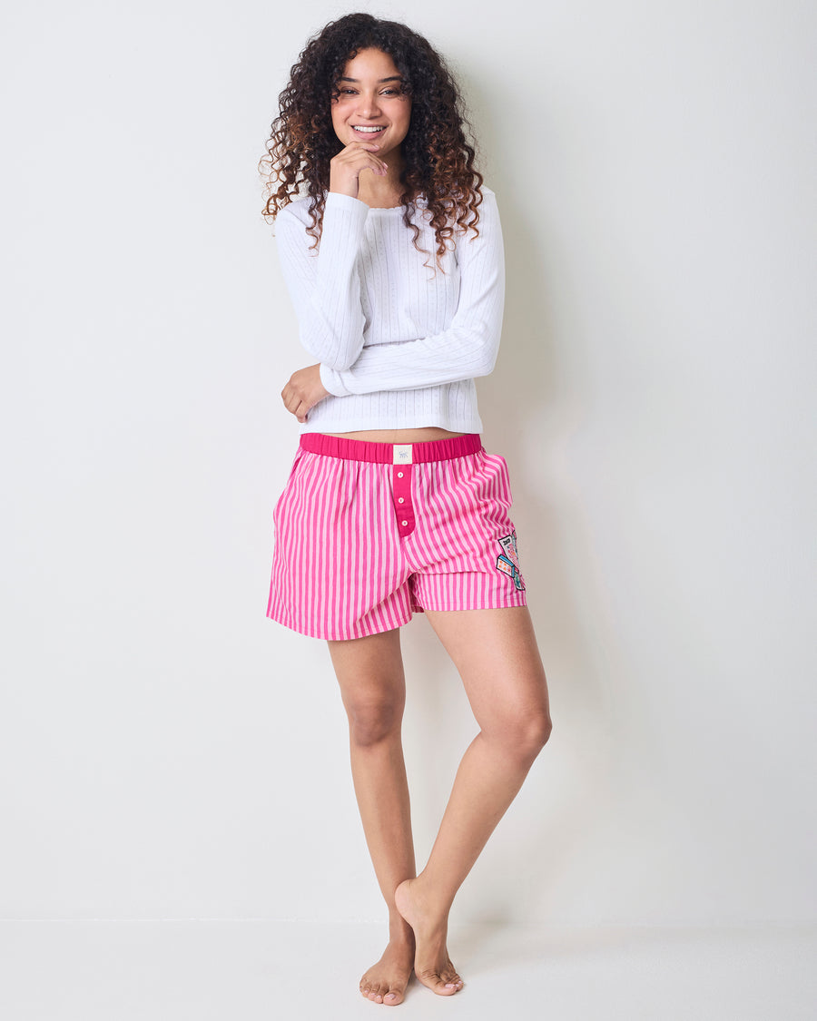Lucky Tiles Embroidery - Eloise Boxers - Hot Pink