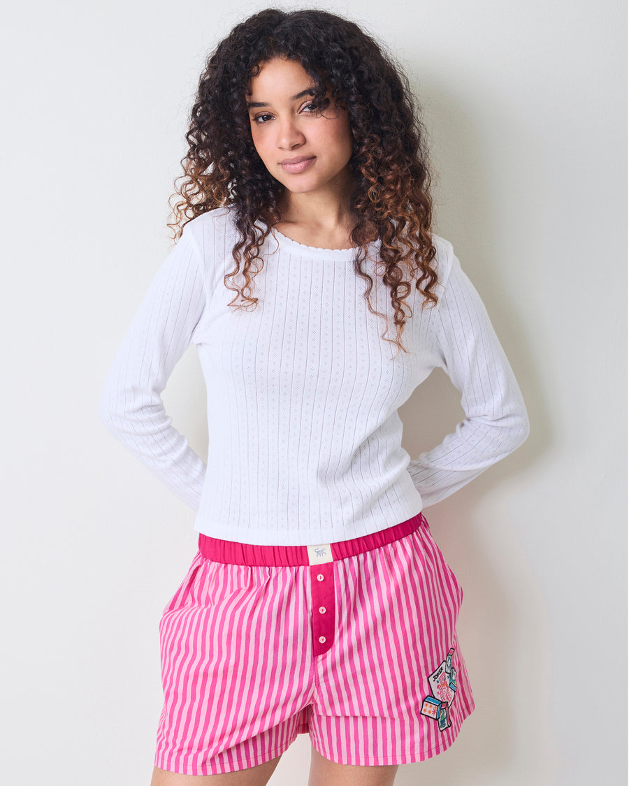 Lucky Tiles Embroidery - Eloise Boxers - Hot Pink