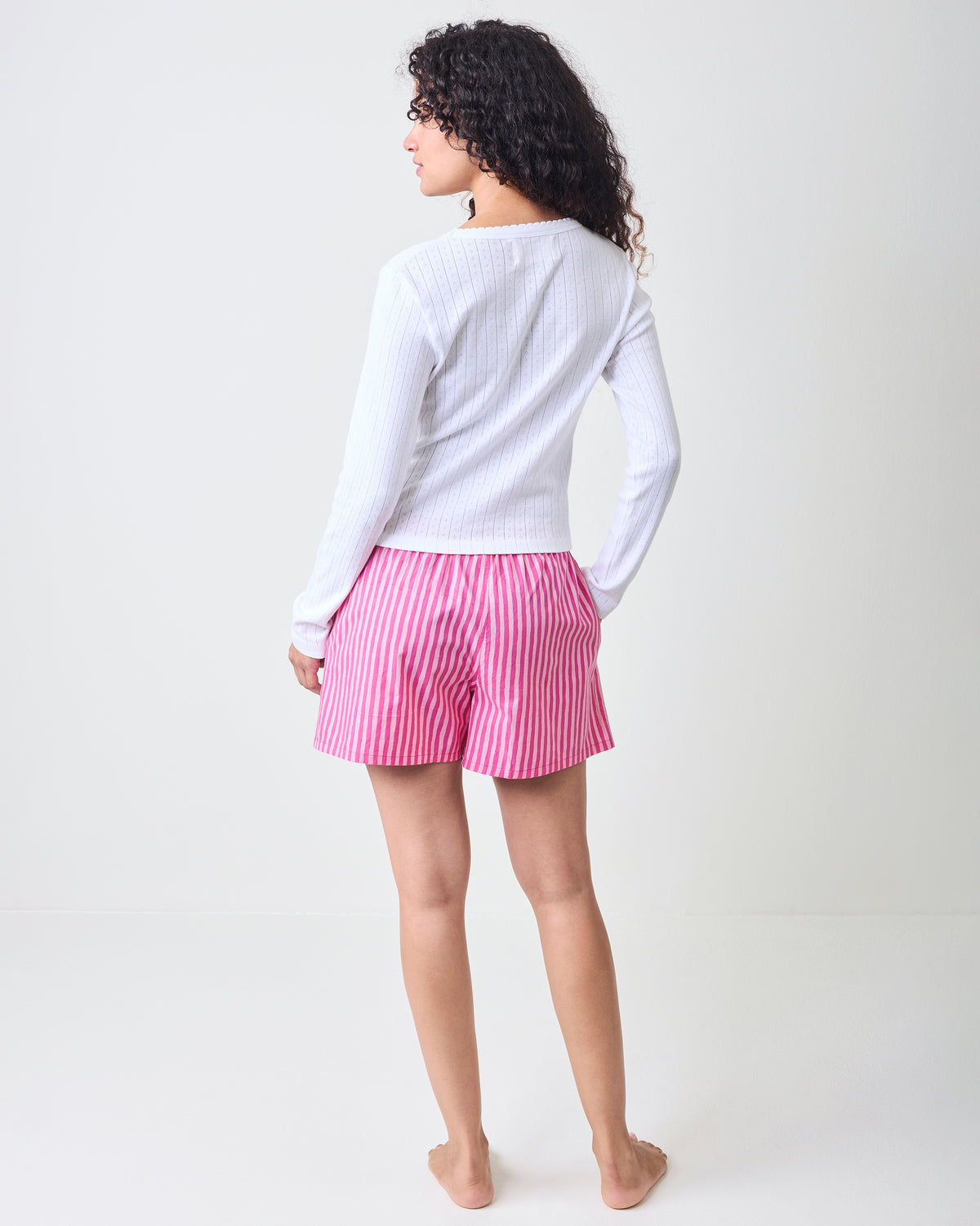Back view of the hot pink striped Eloise boxers showing the waistband and rear construction.