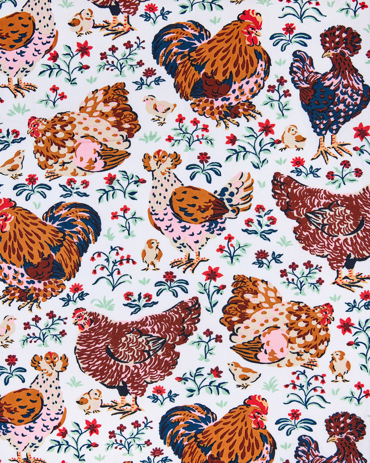 White-background print with colorful hens, roosters, chicks, and small floral sprigs.