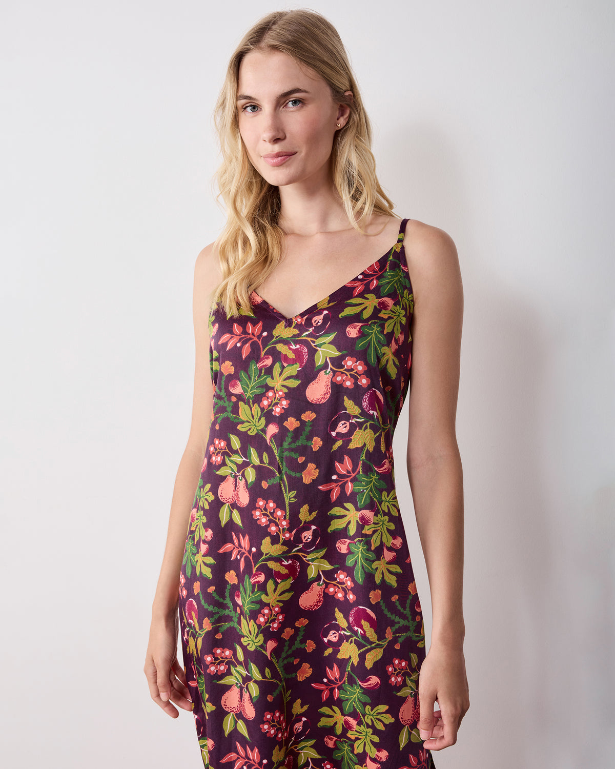 Close front view of a plum floral-print sleeveless nightie