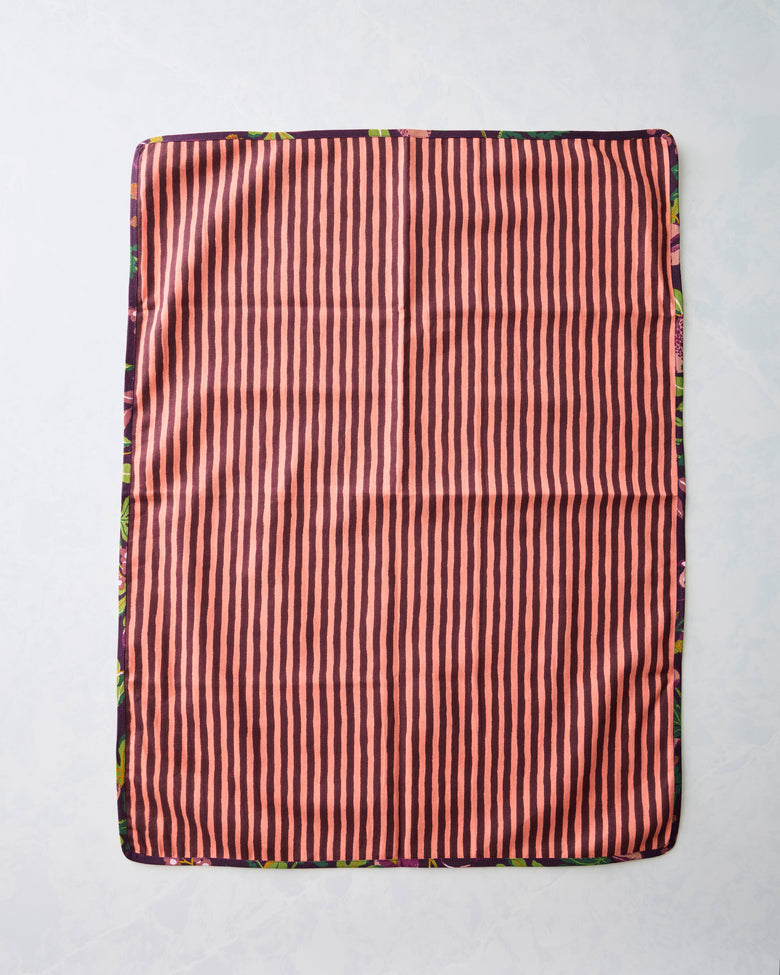 Reverse side of the Pomme & Poire plum tea towel set, showing pink and dark vertical stripes.