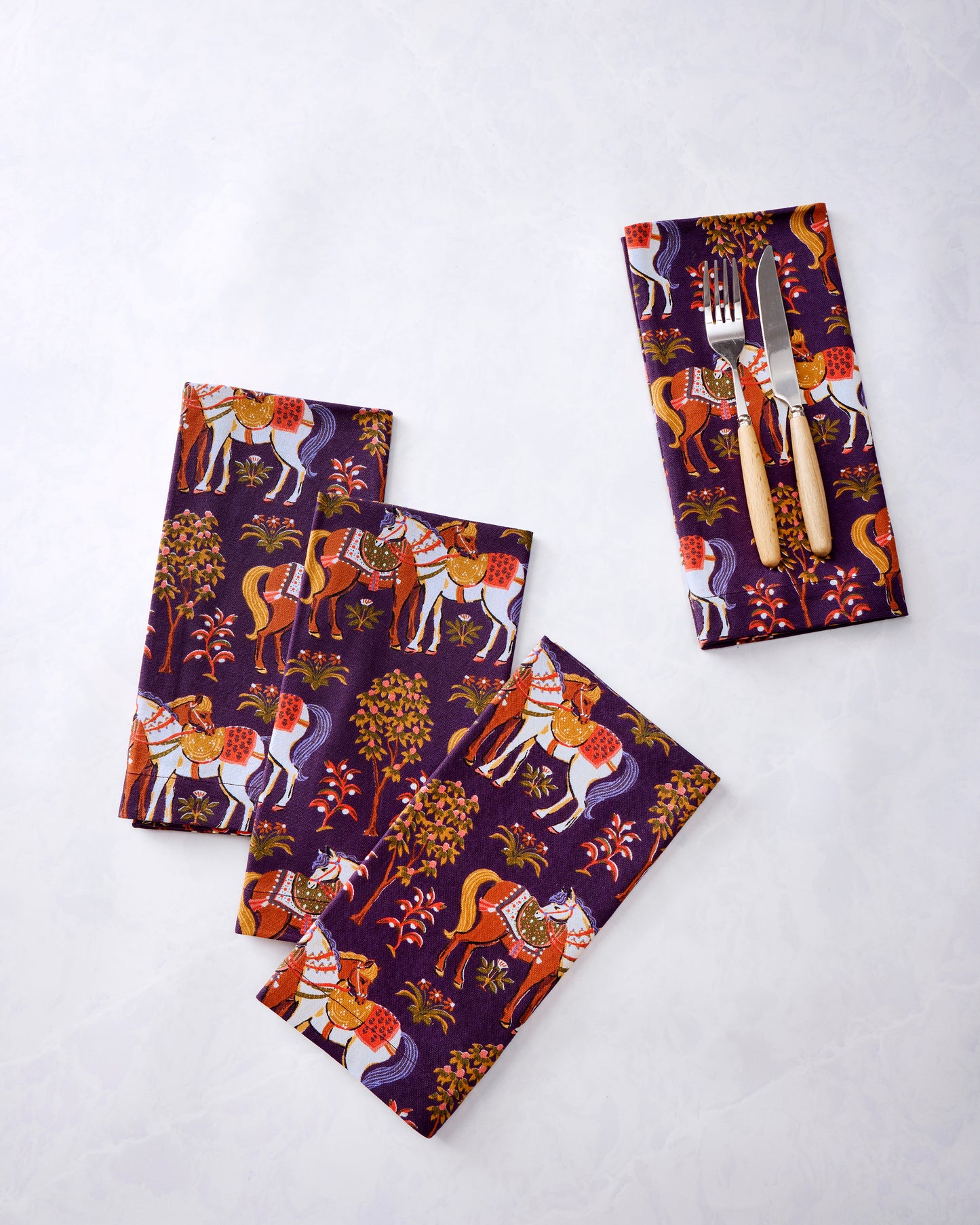 Queen's Horses - Dinner Napkins Set of 4 - Deep Aubergine