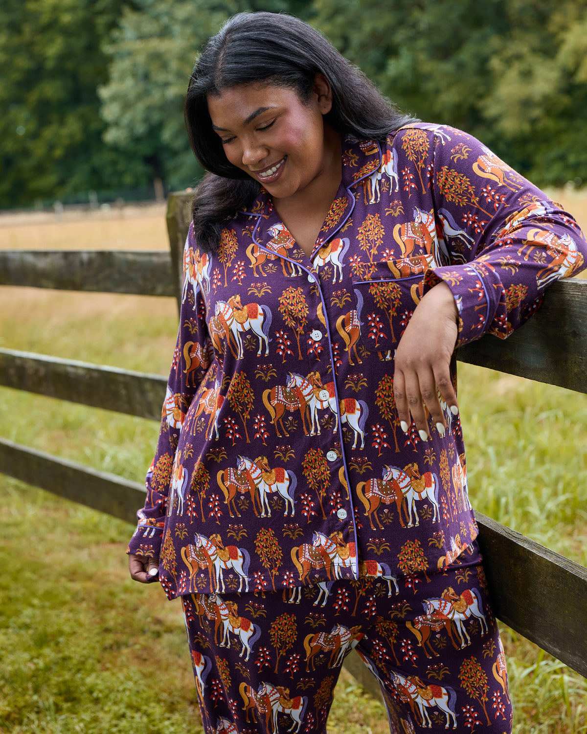 Queen’s Horses - Organic Pima Modal Knit Long PJ Set - Deep Aubergine