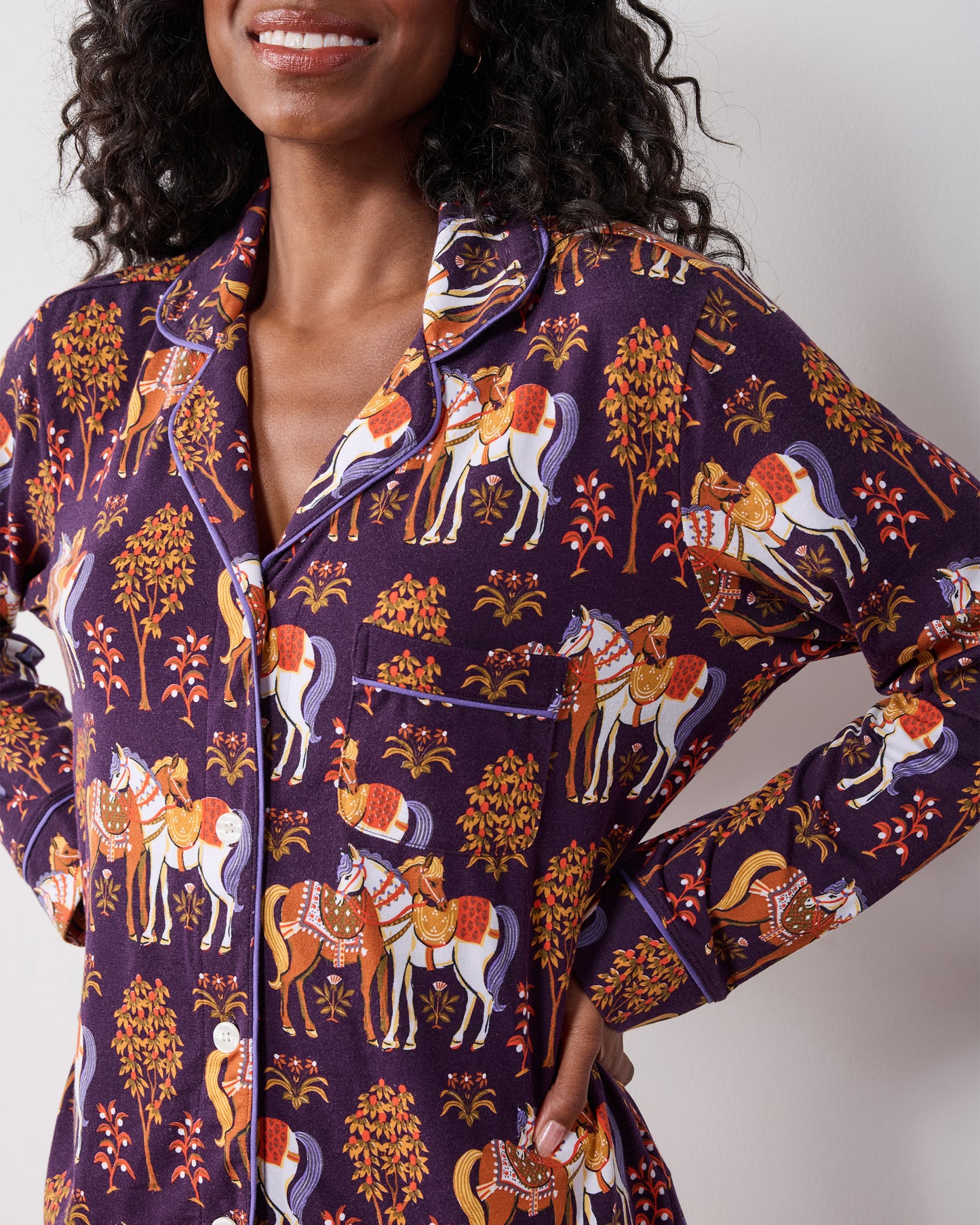 Queen’s Horses - Organic Pima Modal Knit Long PJ Set - Deep Aubergine