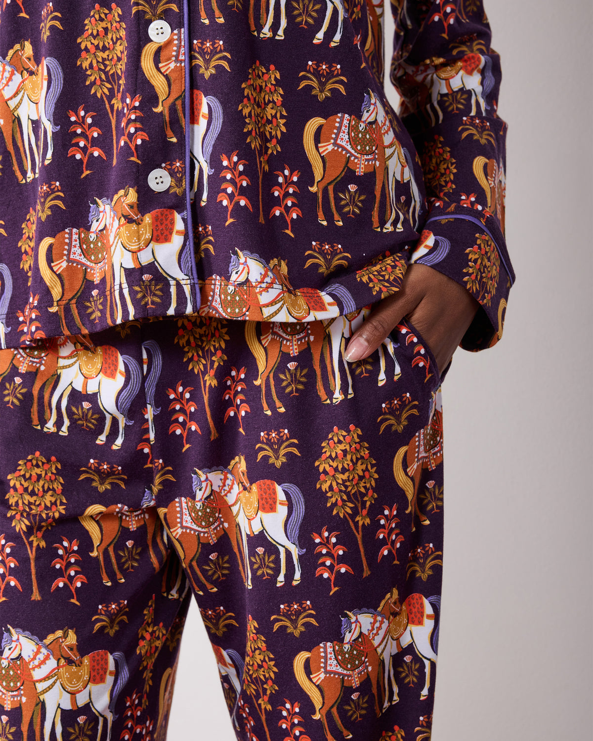 Queen’s Horses - Organic Pima Modal Knit Long PJ Set - Deep Aubergine