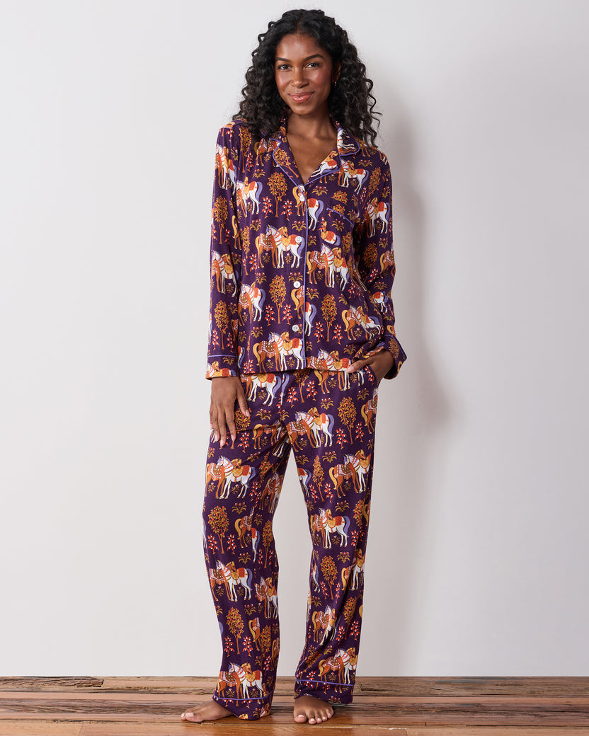 Queen’s Horses - Organic Pima Modal Knit Long PJ Set - Deep Aubergine