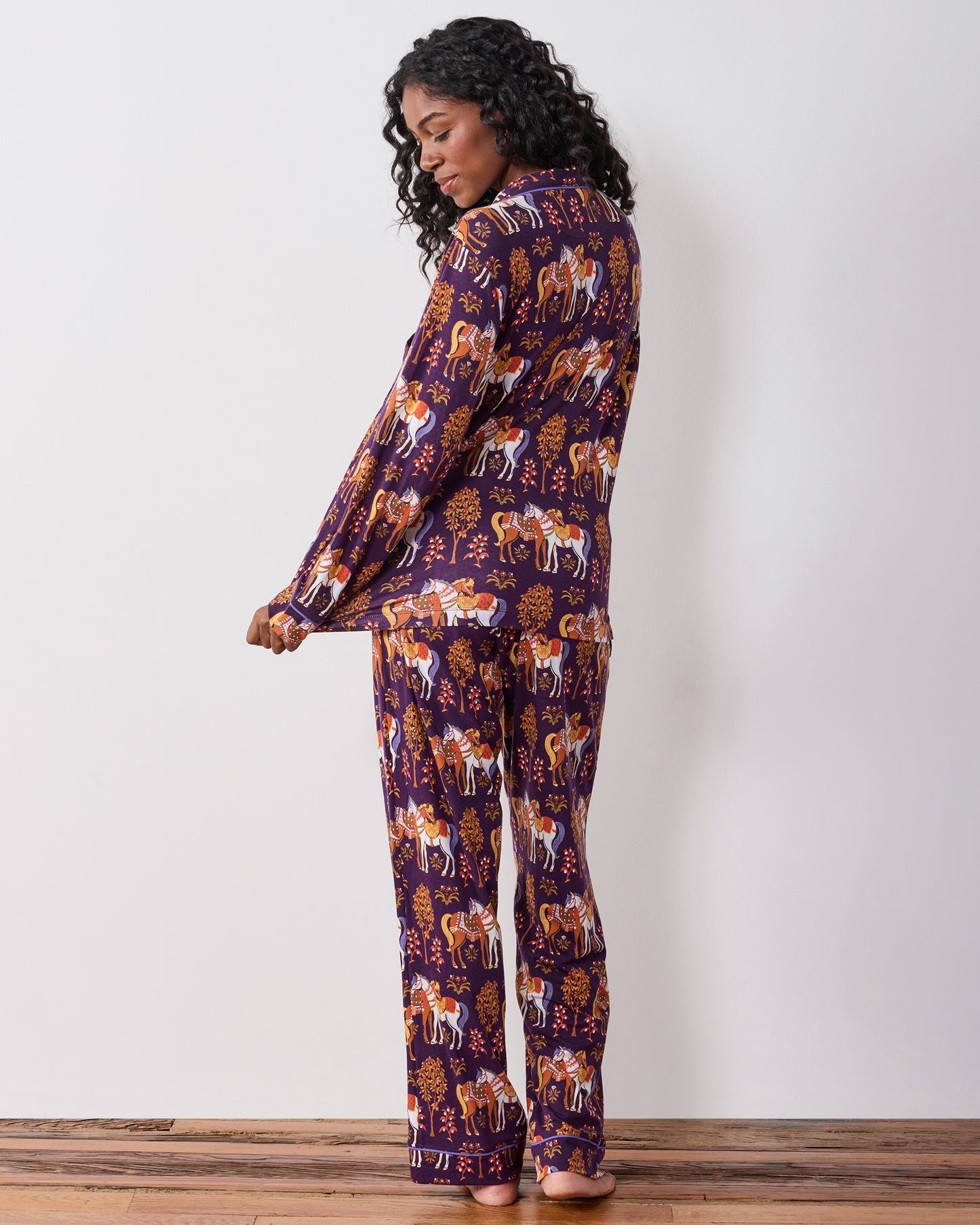 Queen’s Horses - Organic Pima Modal Knit Long PJ Set - Deep Aubergine