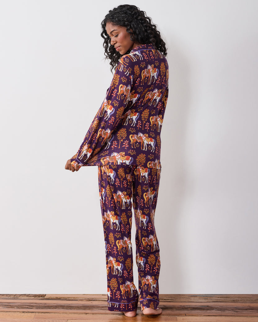 Queen’s Horses - Organic Pima Modal Knit Long PJ Set - Deep Aubergine