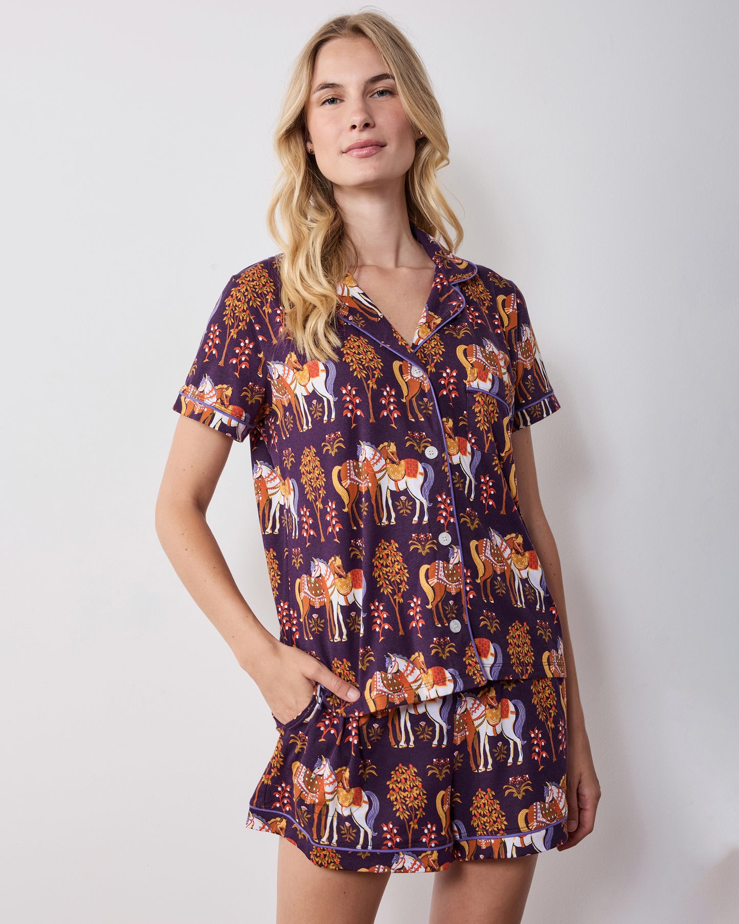 Queen’s Horses - Organic Pima Modal Knit Short PJ Set - Deep Aubergine