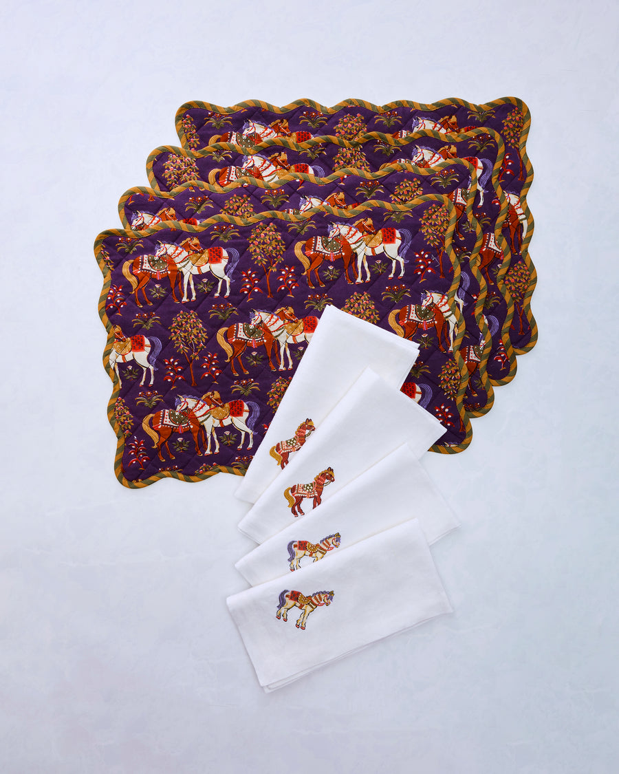 Queen’s Horses - Set of 4 Placemats & Oversized Linen Dinner Napkins Bundle - Deep Aubergine