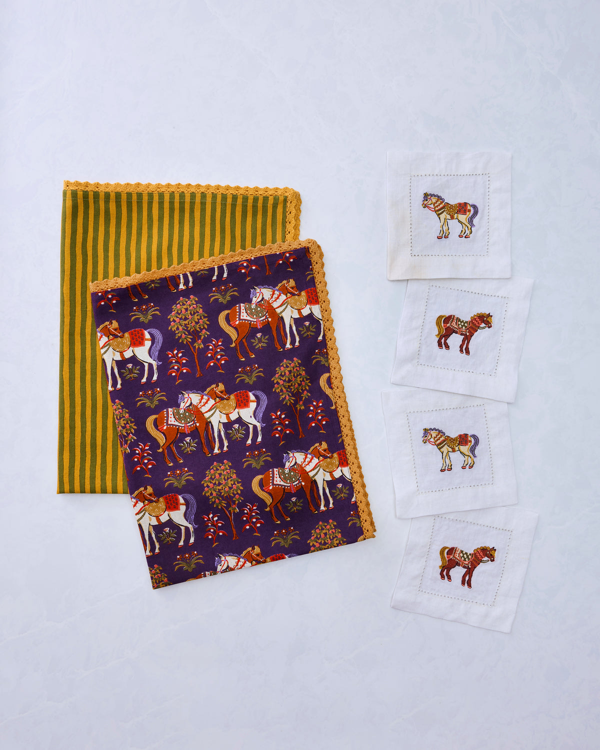 Queen’s Horses - Hostess Kitchen Towels & Cocktail Napkins - Deep Aubergine