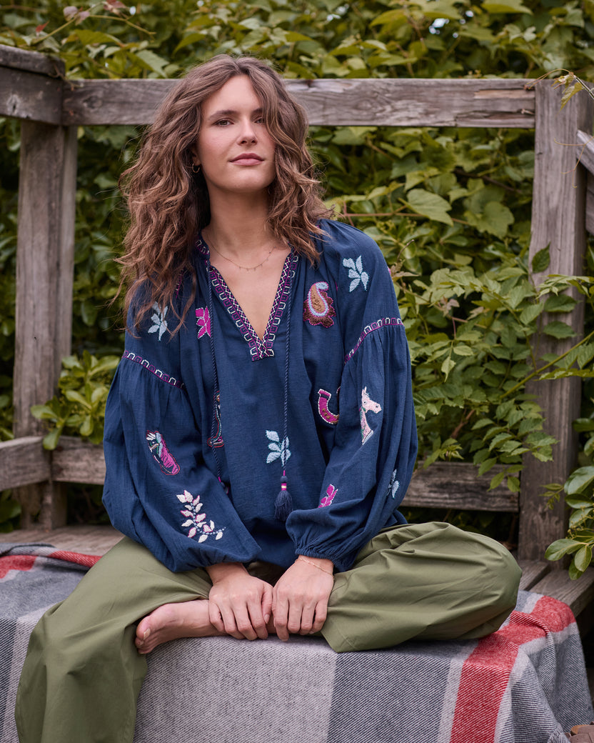 Rodeo Embroidery - Hallie Blouse - Navy