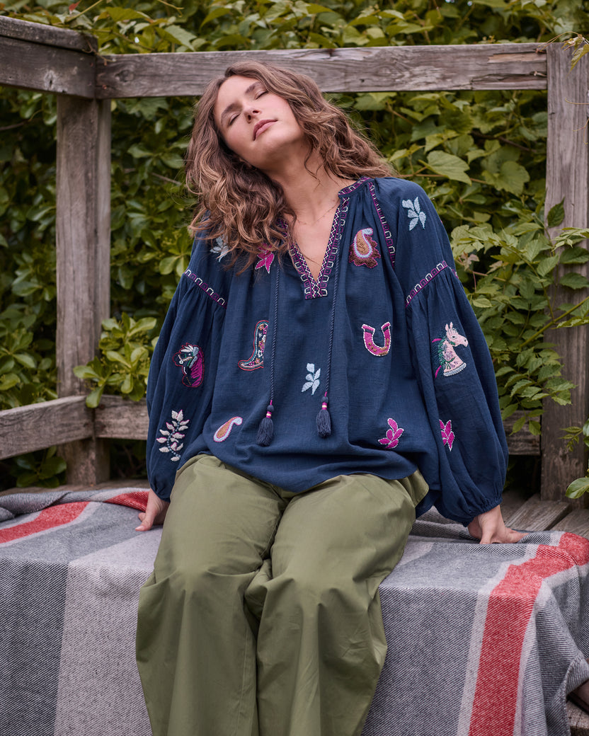 Rodeo Embroidery - Hallie Blouse - Navy