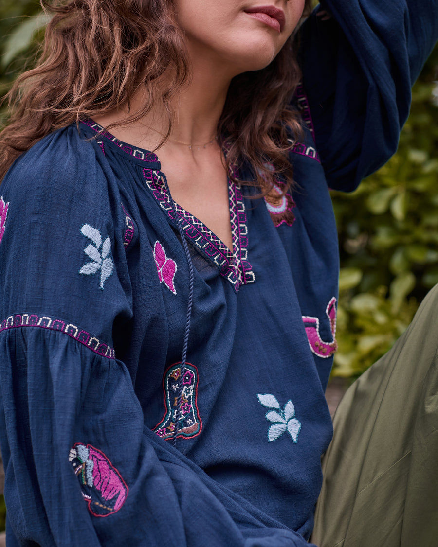 Rodeo Embroidery - Hallie Blouse - Navy