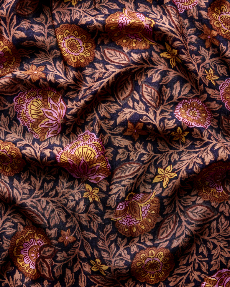 Prairie Dusk fabric swatch with a dark blue background and repeating multicolor floral vines.