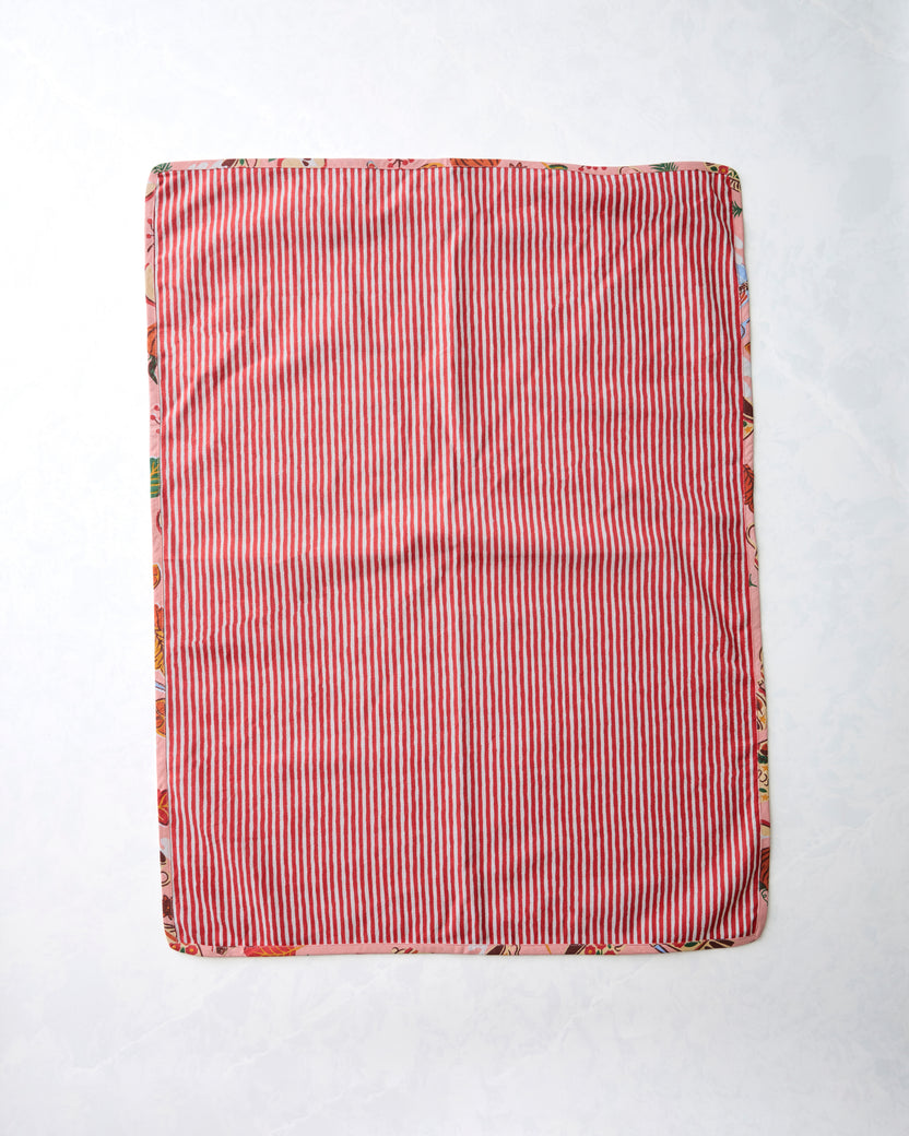 Back of the tea towel with a red-and-white vertical stripe pattern and printed border.