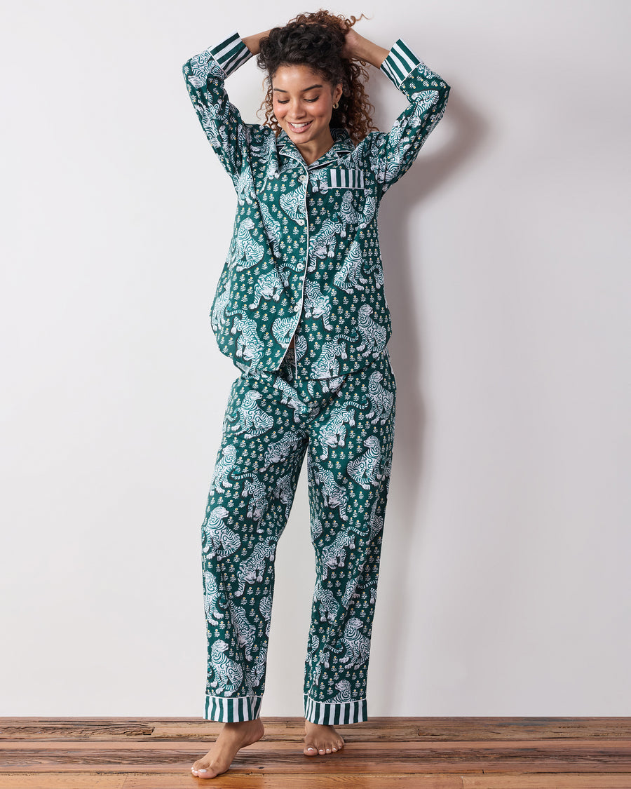 Full-length front view of a person wearing the Game Day Green Tiger Queen tall long pajama set with a button-down top, chest pocket, drawstring pants, and striped cuffs.