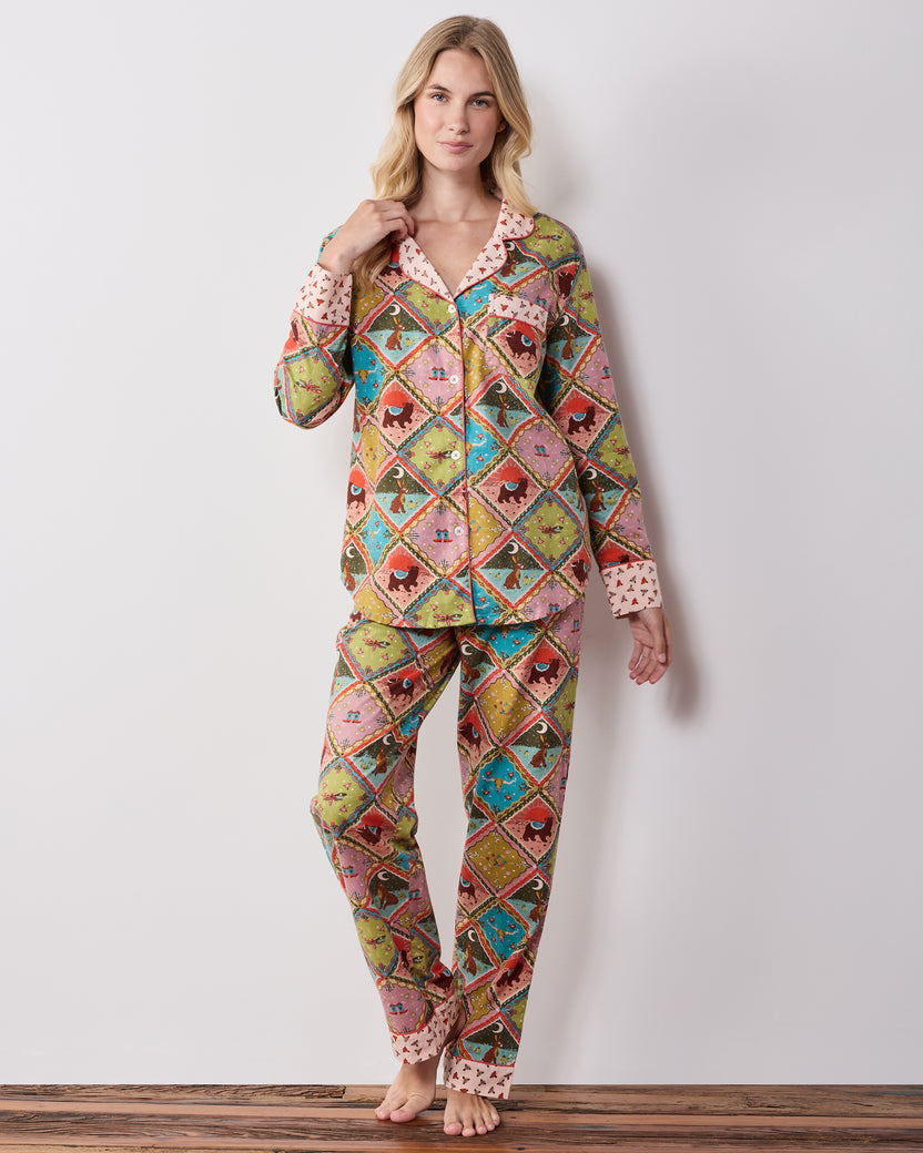 Full-length front view of the Western Scenes long pajama set, showing the matching button-front shirt and pants with contrasting cuffs and waistband.