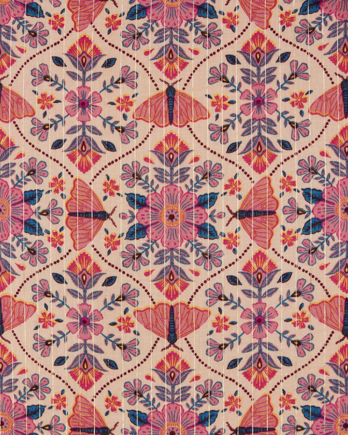 Winged Tapestry pattern swatch with repeating pink and blue flowers, butterflies, leaves, and dotted geometric lines on a light background.