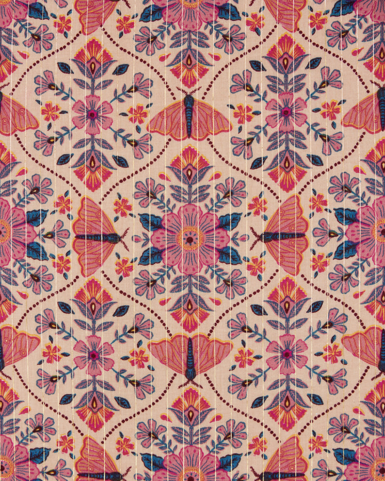 Winged Tapestry pattern swatch with repeating pink and blue flowers, butterflies, leaves, and dotted geometric lines on a light background.