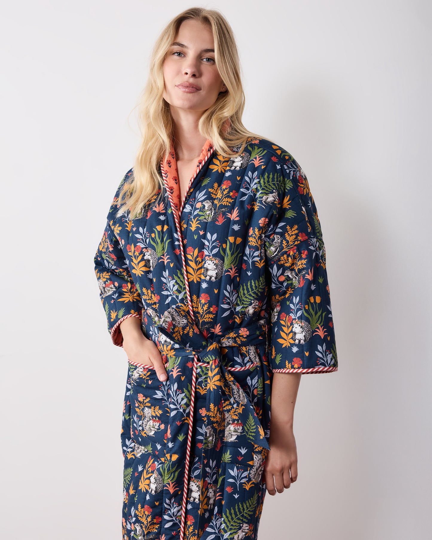 Woodland Critters - Reversible Quilted Robe - Indigo