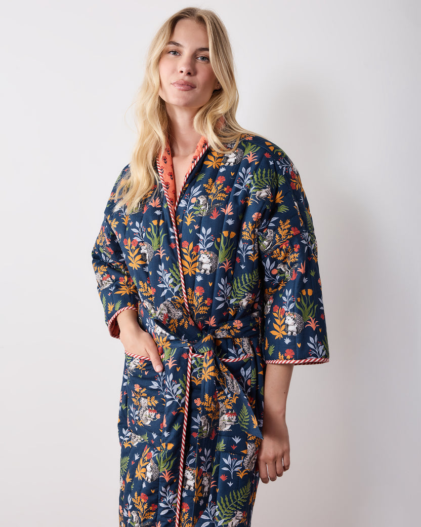 Woodland Critters - Reversible Quilted Robe - Indigo