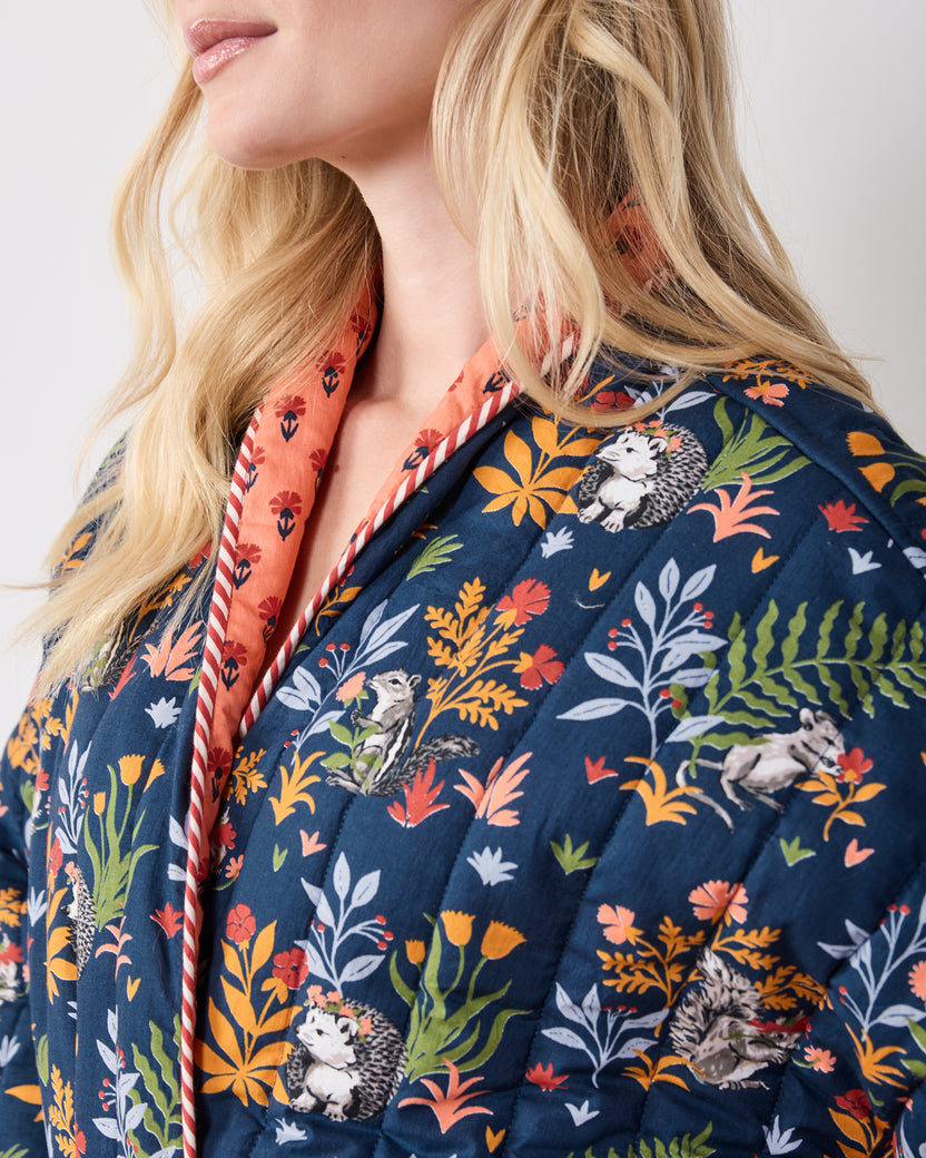 Woodland Critters - Reversible Quilted Robe - Indigo