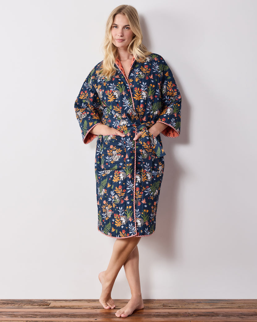 Woodland Critters - Reversible Quilted Robe - Indigo