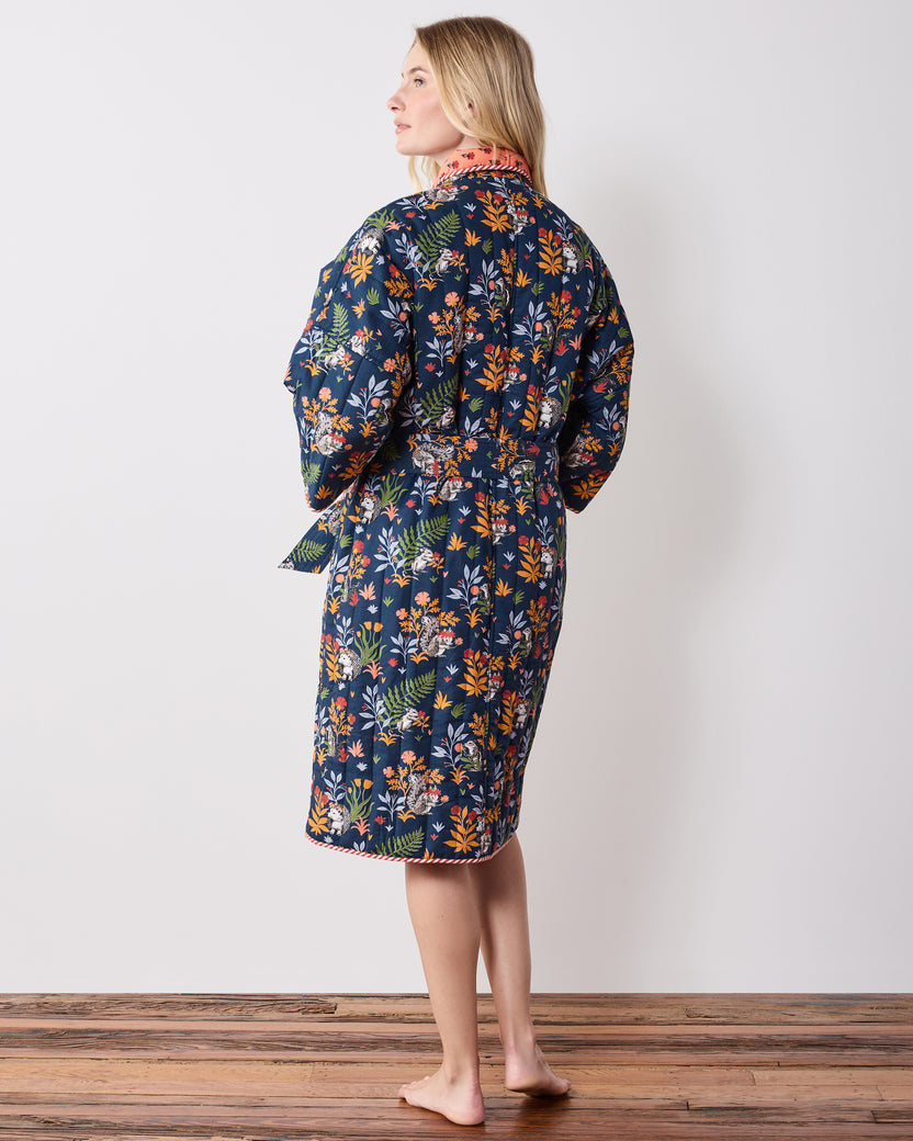 Woodland Critters - Reversible Quilted Robe - Indigo