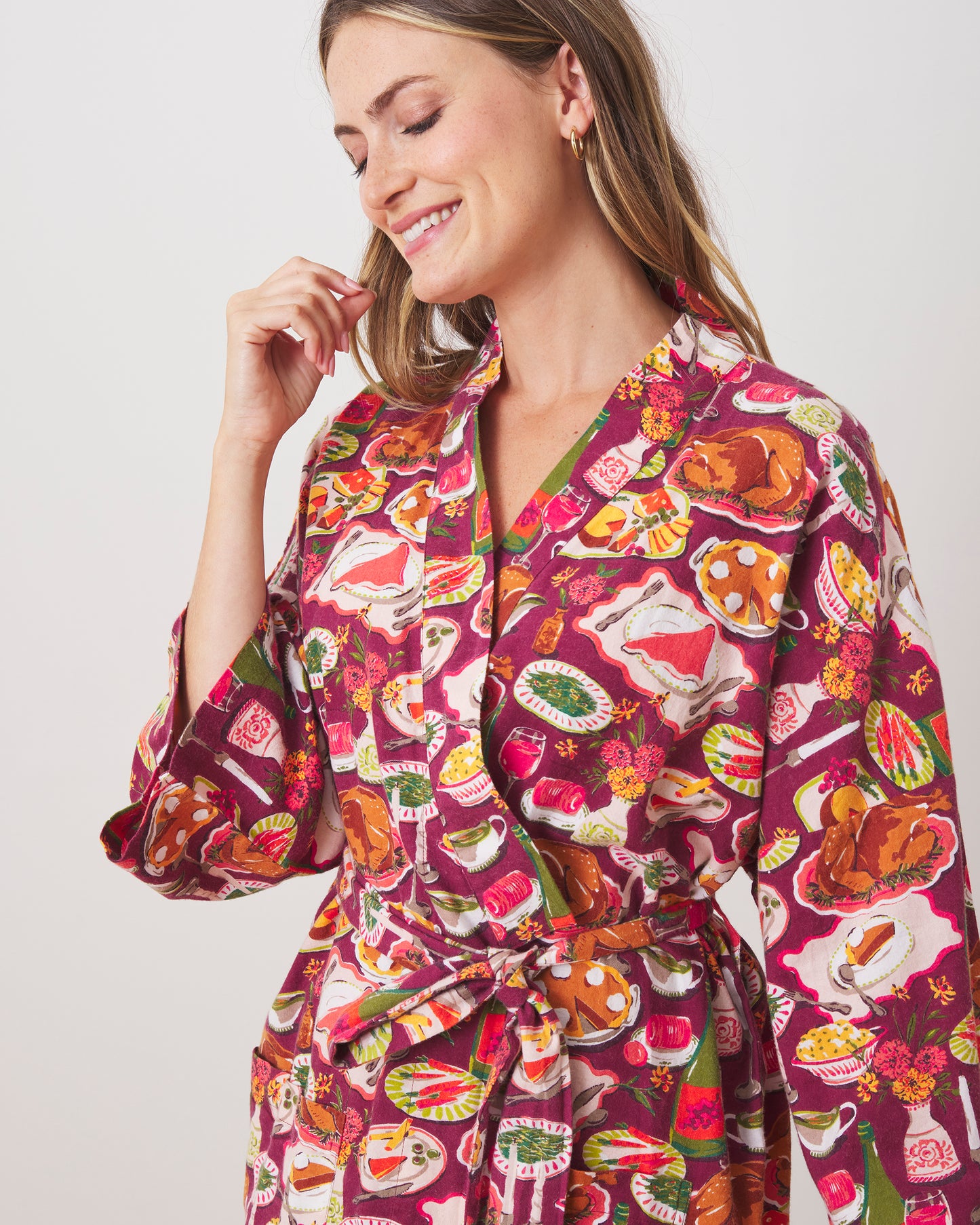 Festive Feast - Lightweight Flannel Robe - Cranberry Sauce - Printfresh