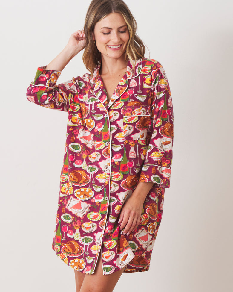 Festive Feast - Lightweight Flannel Sleep Shirt - Cranberry Sauce - Printfresh