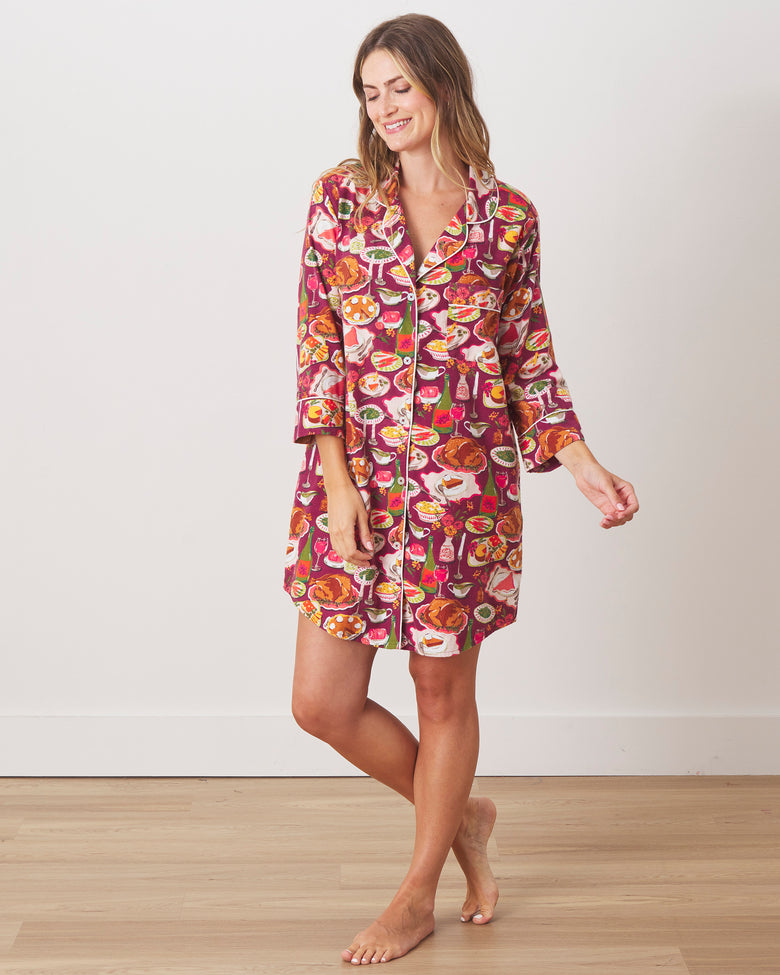 Festive Feast - Lightweight Flannel Sleep Shirt - Cranberry Sauce - Printfresh