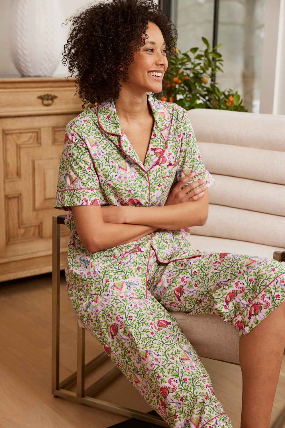 Flamenco - Short Sleeve Top & Cropped Pajama Pants Set - Rose Garden - Printfresh