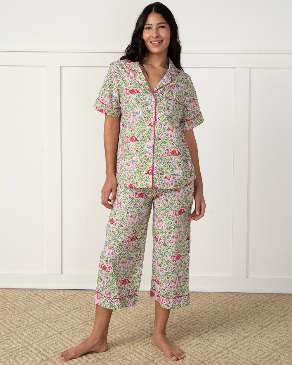 Flamenco - Short Sleeve Top & Cropped Pajama Pants Set - Rose Garden - Printfresh