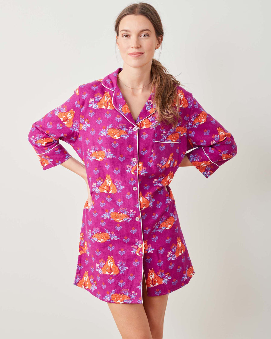 Fox Friends - Midweight Flannel Sleep Shirt - Merlot - Printfresh