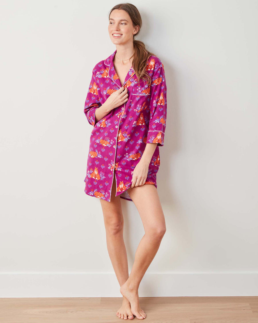 Fox Friends - Midweight Flannel Sleep Shirt - Merlot - Printfresh