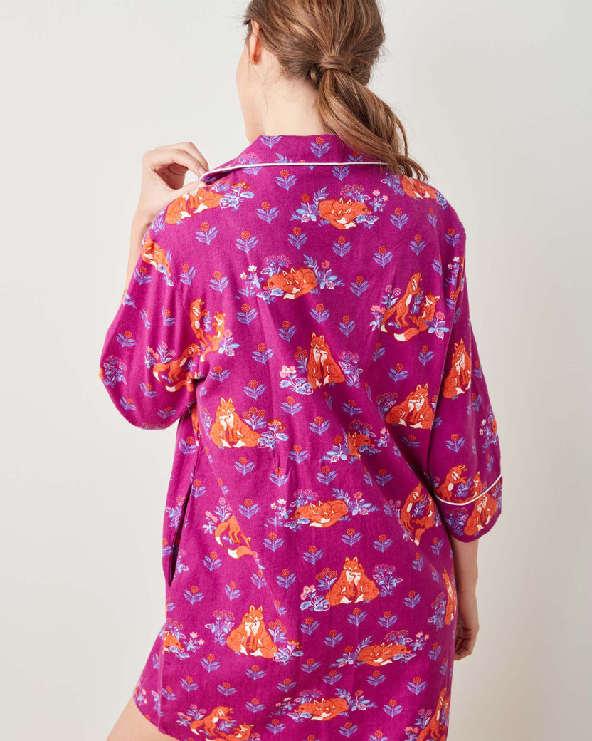 Fox Friends - Midweight Flannel Sleep Shirt - Merlot - Printfresh