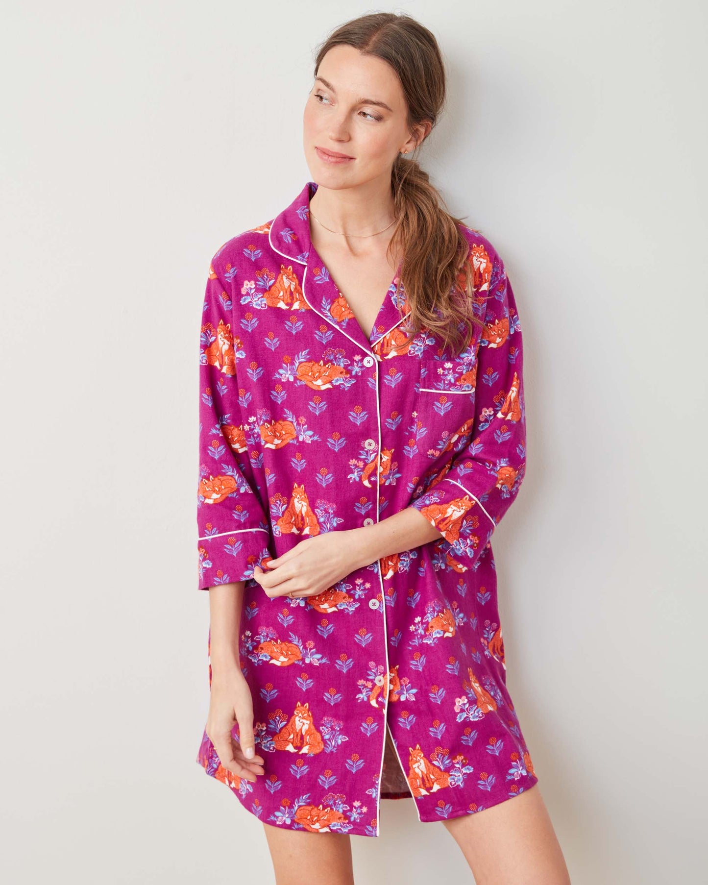 Fox Friends - Midweight Flannel Sleep Shirt - Merlot - Printfresh