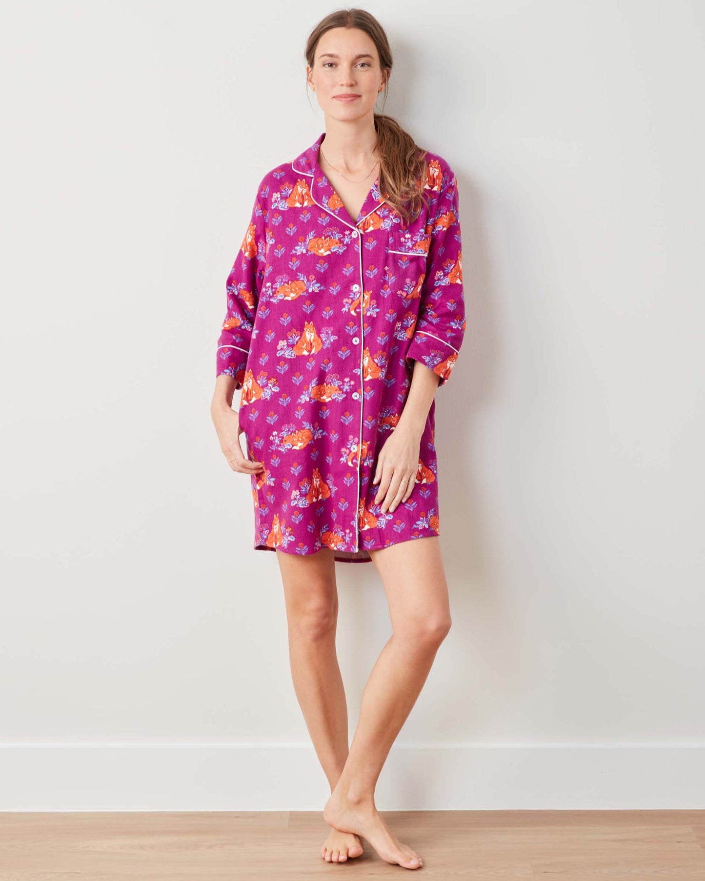 Fox Friends - Midweight Flannel Sleep Shirt - Merlot - Printfresh