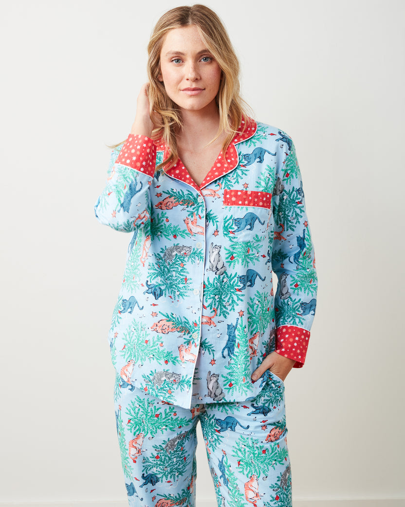 Frisky Firs - Lightweight Flannel Long PJ Set - Twinkling Blue - Printfresh