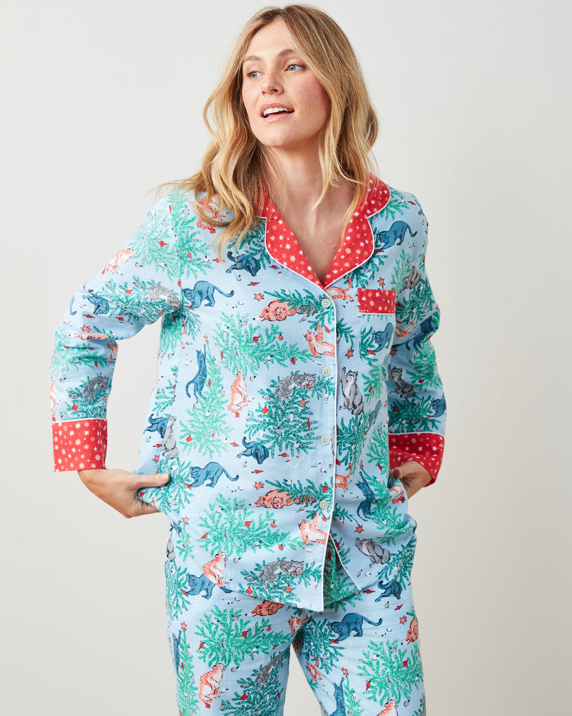 Frisky Firs - Lightweight Flannel Long PJ Set - Twinkling Blue - Printfresh