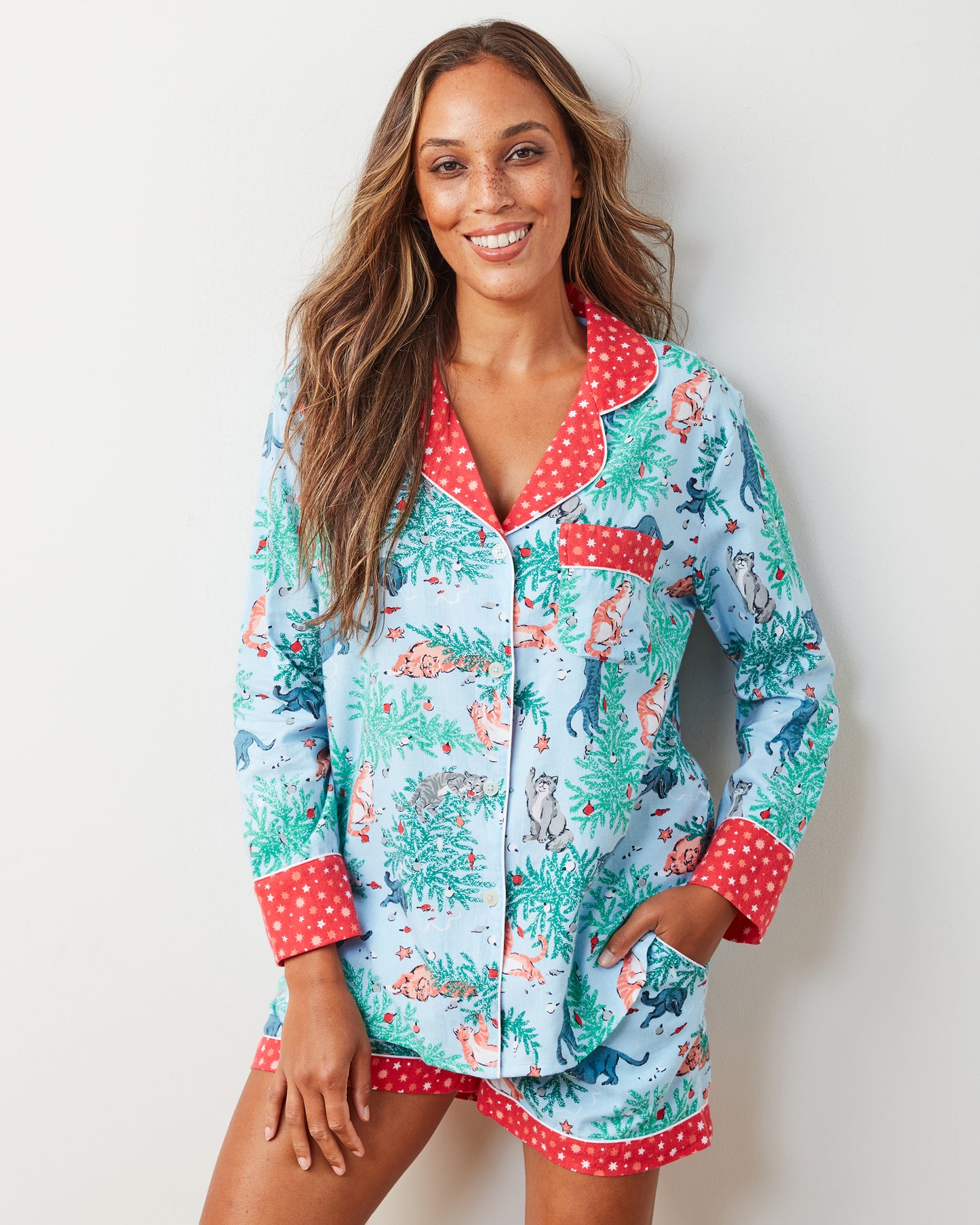 Frisky Firs - Lightweight Flannel Long Sleeve Top & Shorts Set - Twinkling Blue - Printfresh