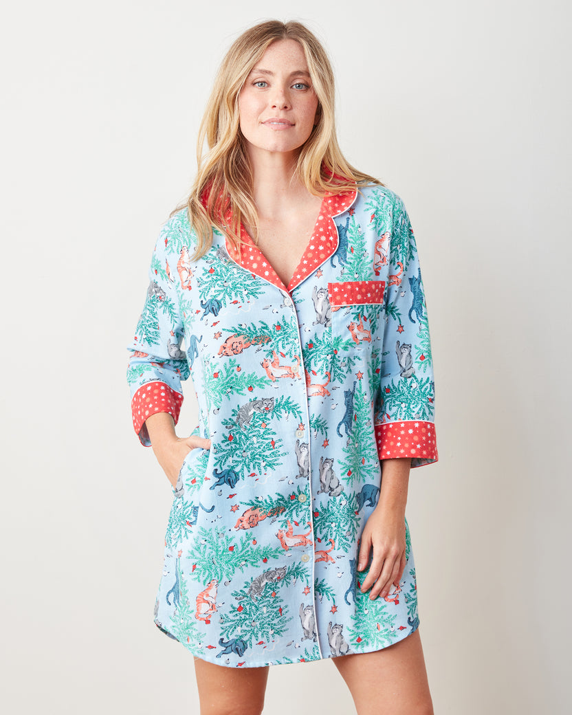 Frisky Firs - Lightweight Flannel Sleep Shirt - Twinkling Blue - Printfresh