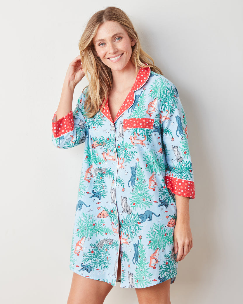 Frisky Firs - Lightweight Flannel Sleep Shirt - Twinkling Blue - Printfresh